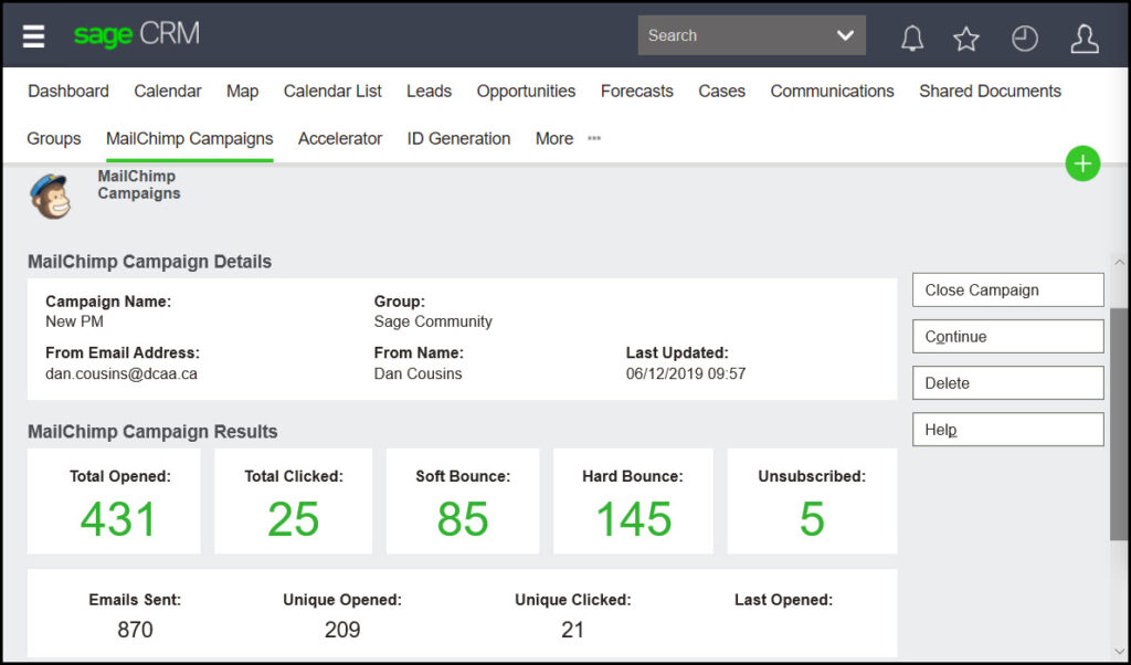Mailchimp Results in Sage CRM