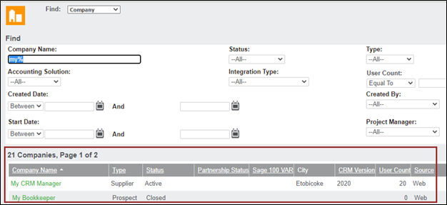 Sage CRM Find Screen